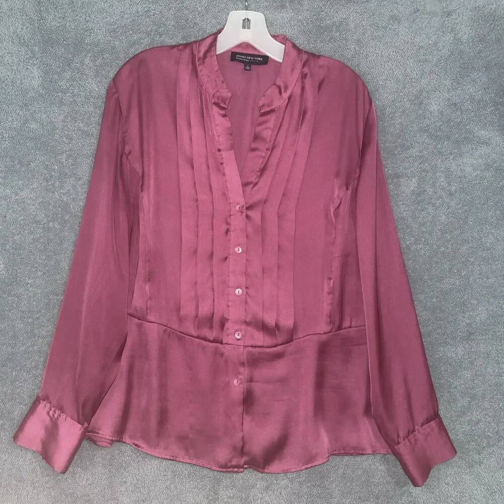 Jones New York Blouse Womens 1X Pink Button Up V Neck Long Sleeve Satin Career - Picture 1 of 12